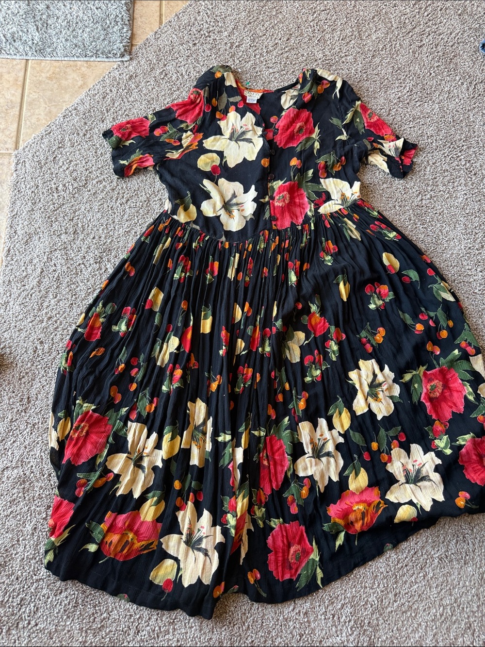 Venezia Black Floral Button-Front Dress with Red & Cream Blooms